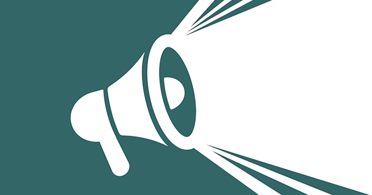 Decorative. A graphic illustration of a bullhorn with loud sounds coming from it.