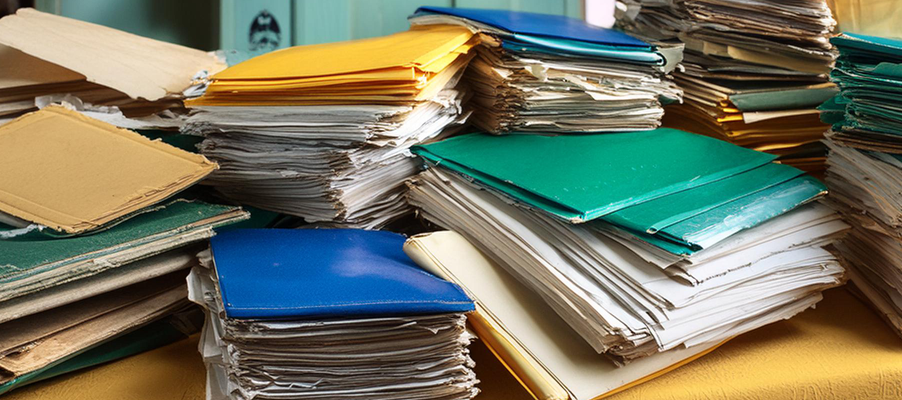Several stacks of file folders on a desk.